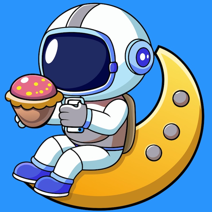 Vector cute astronaut eating doughnut and holding coffee cup on the moon cartoon vector icon illustration science food icon concept isolated premium vector flat cartoon style