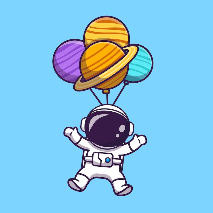 Vector cute astronaut floating with planet balloon in space cartoon illustration