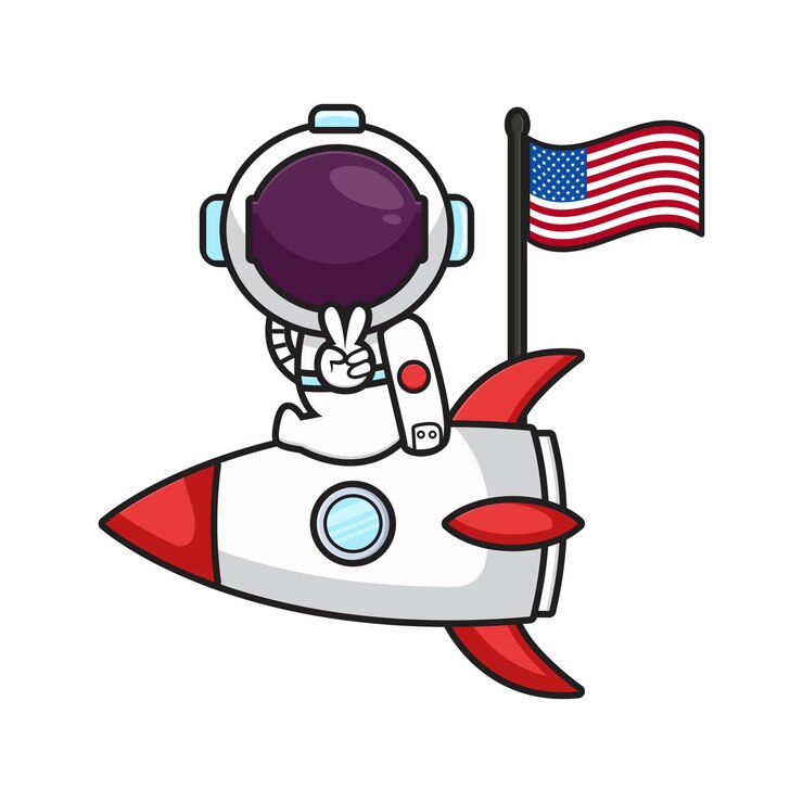 Vector cute astronaut sit on the rocket celebrate america independence day cartoon icon vector illustration.design isolated on white. flat cartoon style.