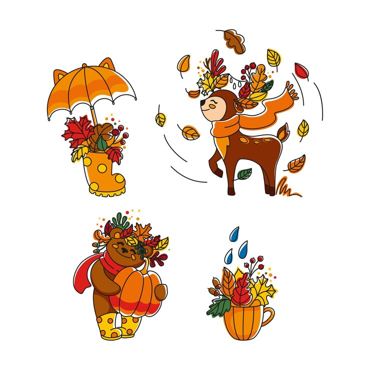 Cute autumn illustrations with animals in the forest Vector