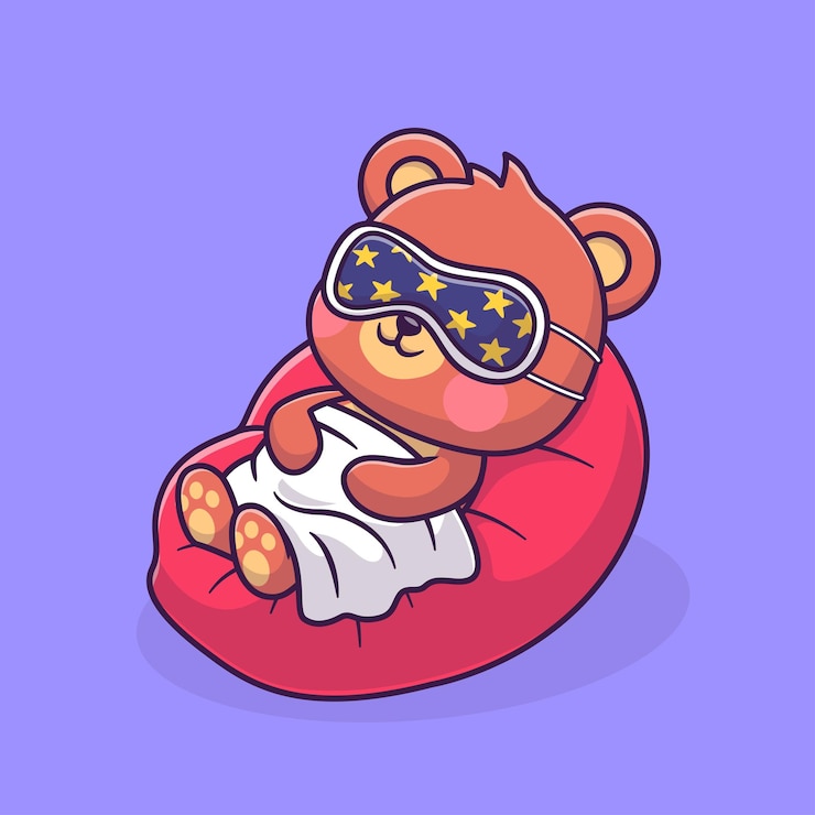 Vector cute bear sleeping with blanket and eye mask on pillow cartoon vectoricon illustration animal nature