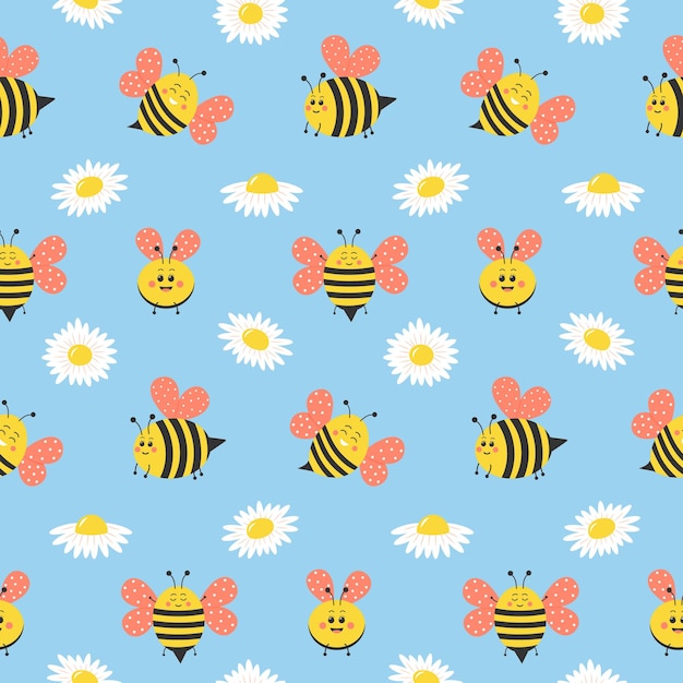 Cute bee characters and daisies seamless pattern Funny cartoon honeybees with wings and chamomiles