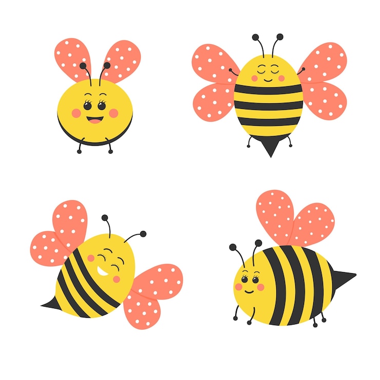 Cute bee set Funny cartoon honeybee characters with pink wings
