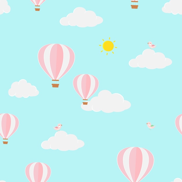 Cute birds and balloons flying in the cloud seamless pattern for fabric textile and all print