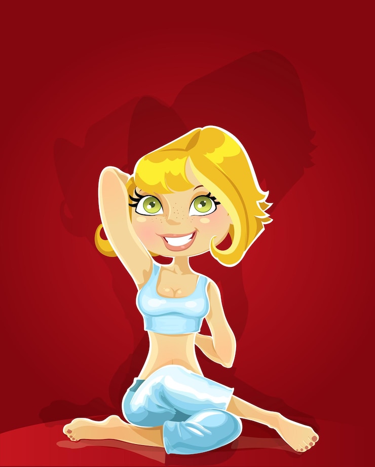 Vector cute blond girl in a yoga pose gomukha asana on red background