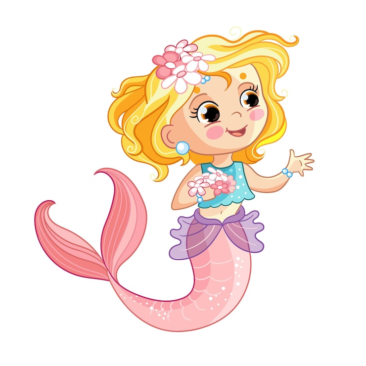 Vector cute blonde mermaid and flowers vector cartoon illustration