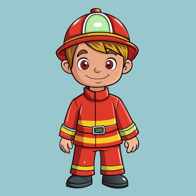 Cute Boy Dressed as a Firefighter Cartoon Vector Drawing Art