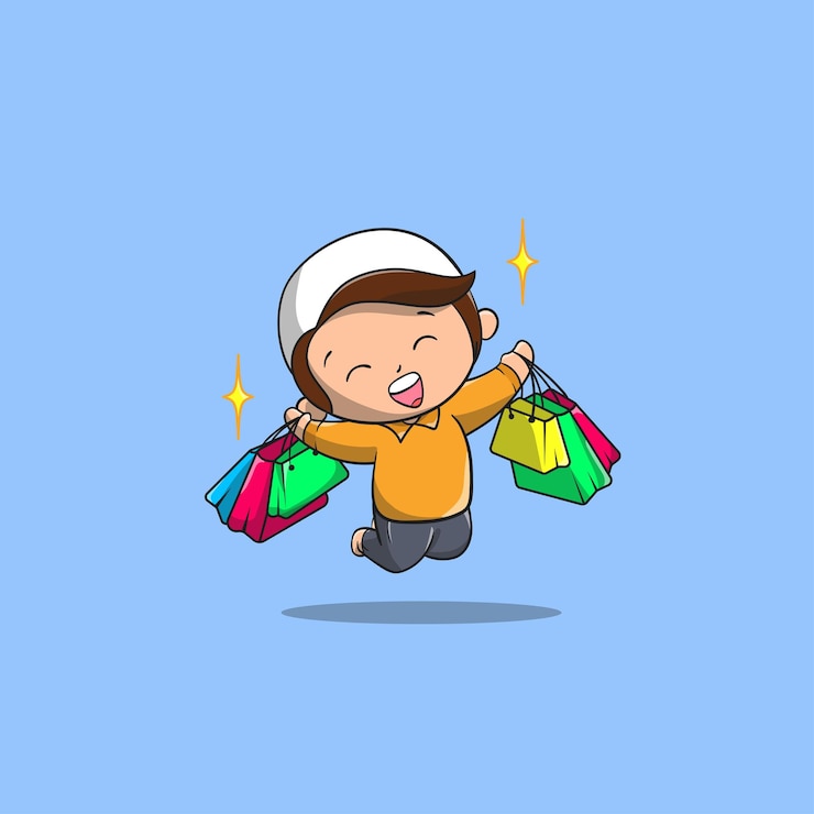Vector cute boy moslem celebrating after shopping cartoon vector icon illustration
