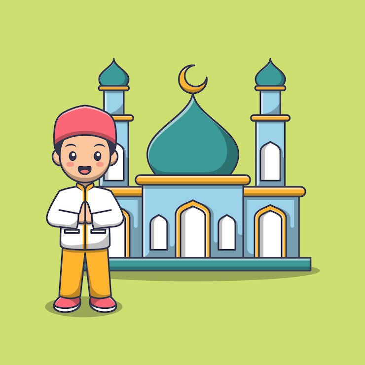 Vector cute boy muslim with mosque