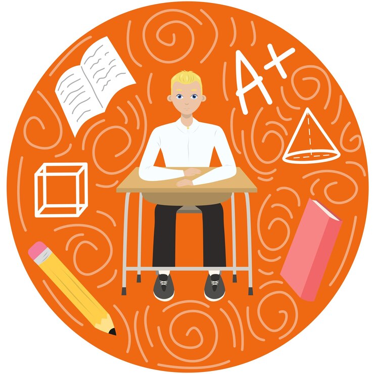 Cute boy with blonde hair sitting at a school desk near mark book pencil cube on orange circle back
