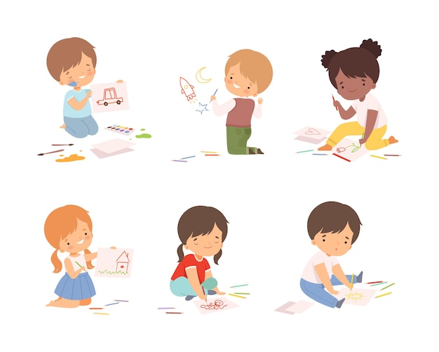 Cute boys and girls sitting on floor and painting with crayons and fingerprints set cartoon vector illustration