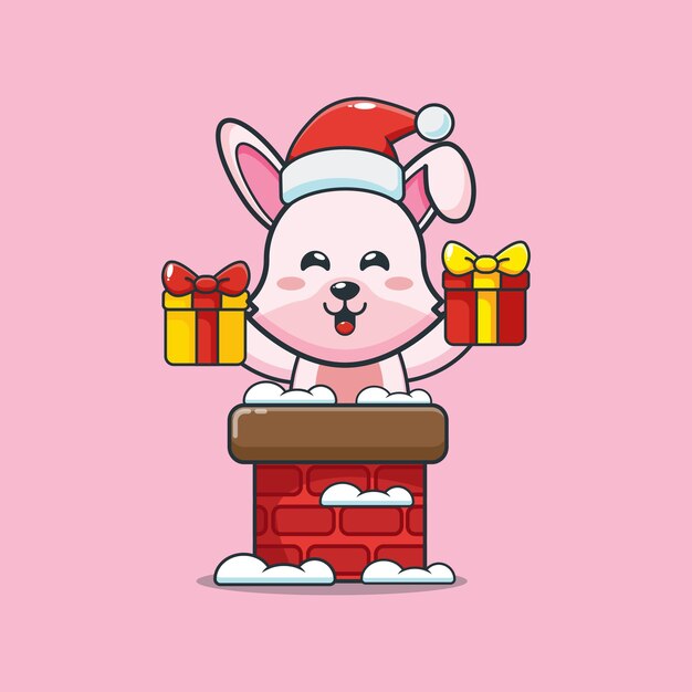Cute bunny wearing santa hat out of chimney Cute christmas cartoon illustration