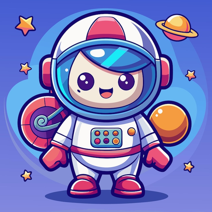 Vector cute cartoon astronaut with a big smile and a planet in space