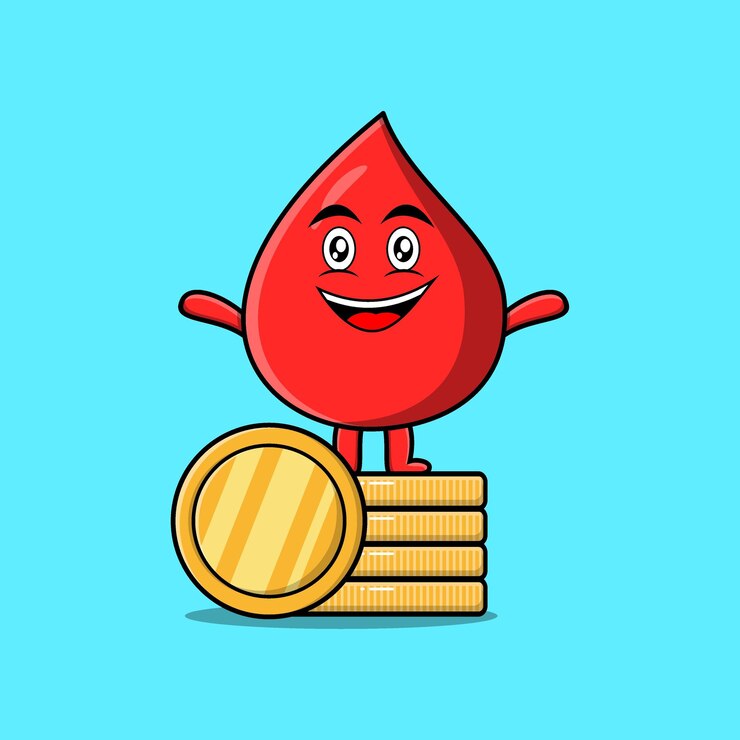 Cute cartoon blood drop stand in stacked gold coin