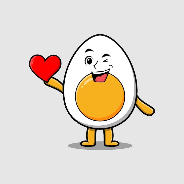 Vector cute cartoon boiled egg holding big red heart