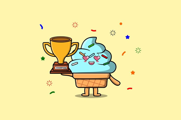 Cute Cartoon character illustration of Ice cream is holding up the golden trophy in illustration
