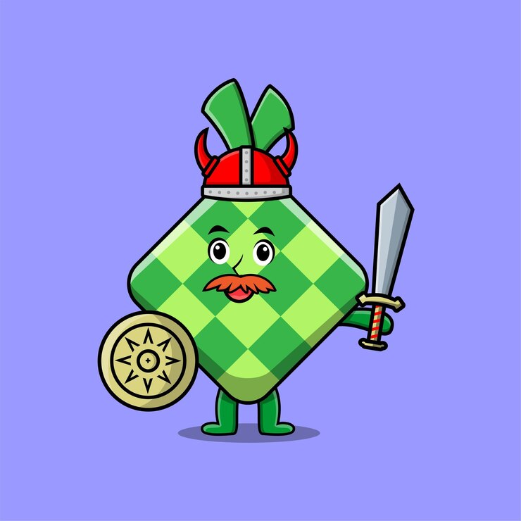 Vector cute cartoon character ketupat viking pirate with hat and holding sword and shield in cute modern