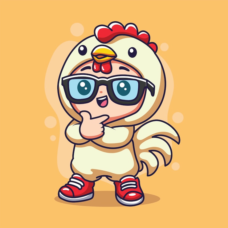 Vector cute cartoon chicken character vector illustration isolated on orange background