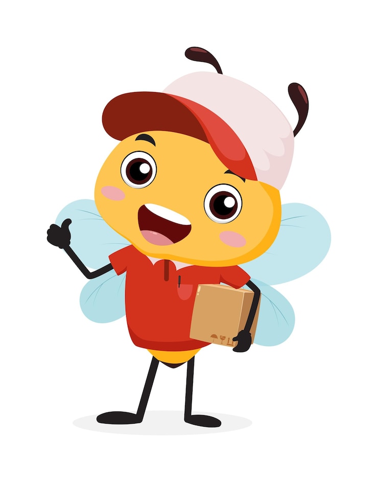 Vector cute cartoon delivery bee courier holding package