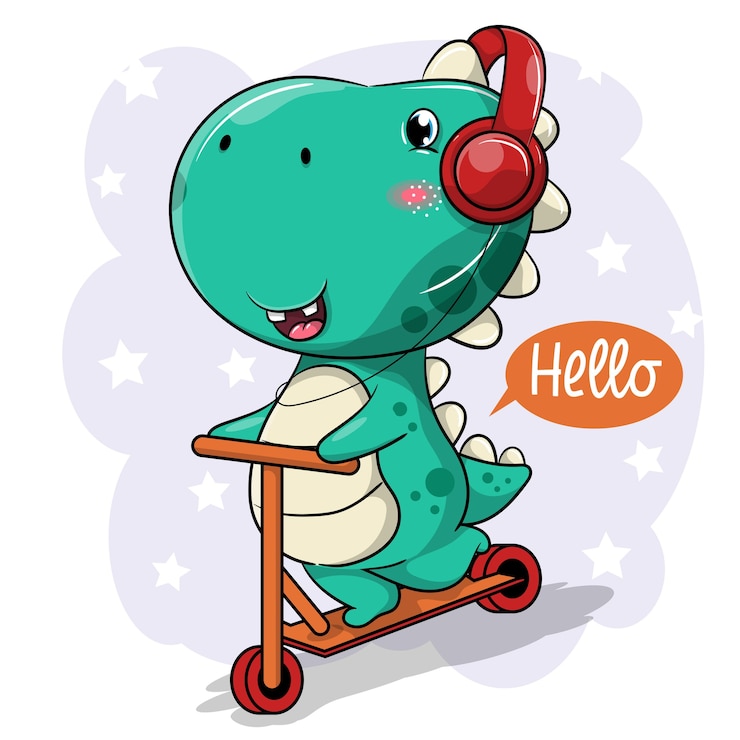 Vector cute cartoon dinosaur riding scooter