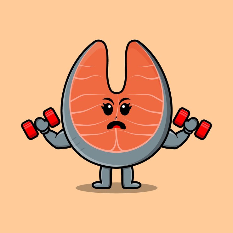 Vector cute cartoon fresh salmon character is fitness with barbell in modern style design