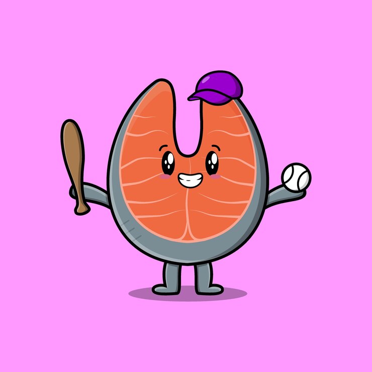 Vector cute cartoon fresh salmon character playing baseball in modern style design
