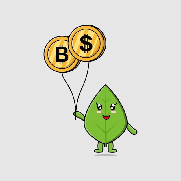 Cute cartoon green leaf floating with gold coin balloon cartoon vector illustration