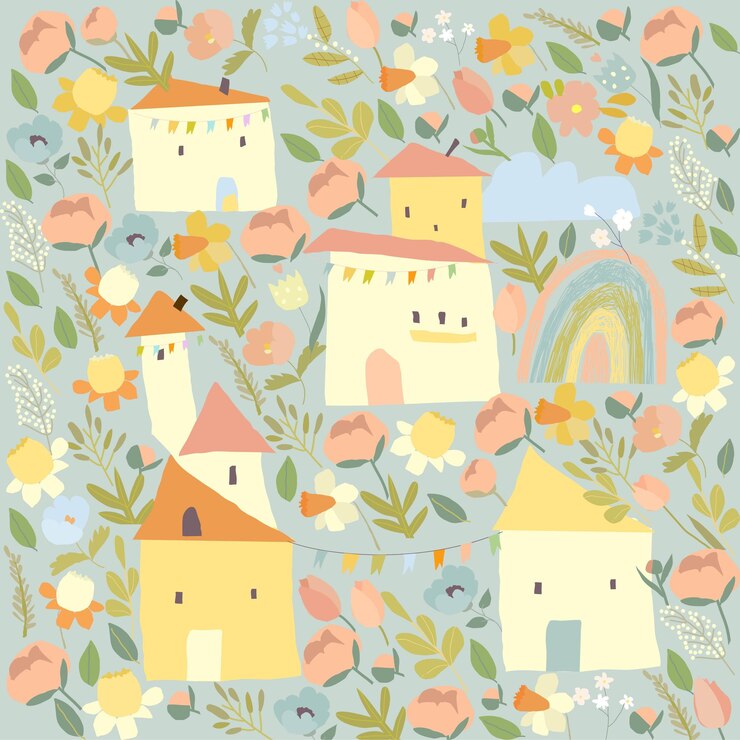 Vector cute cartoon houses with spring flowers ang rainbow