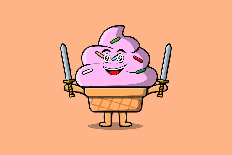 Cute cartoon Ice cream character holding two sword in 3d modern design illustration