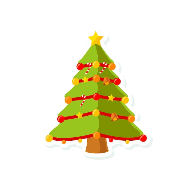 cute cartoon illustration christmas tree with colorful decorative lights bell cane and star suitable for logo sticker icon etc