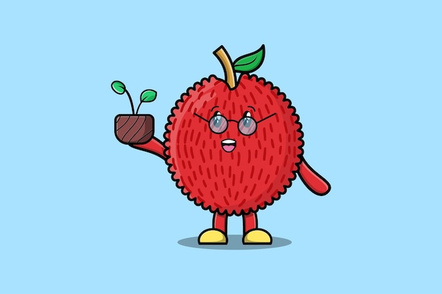 Cute cartoon illustration Lychee holding plant in a pot flat modern style design