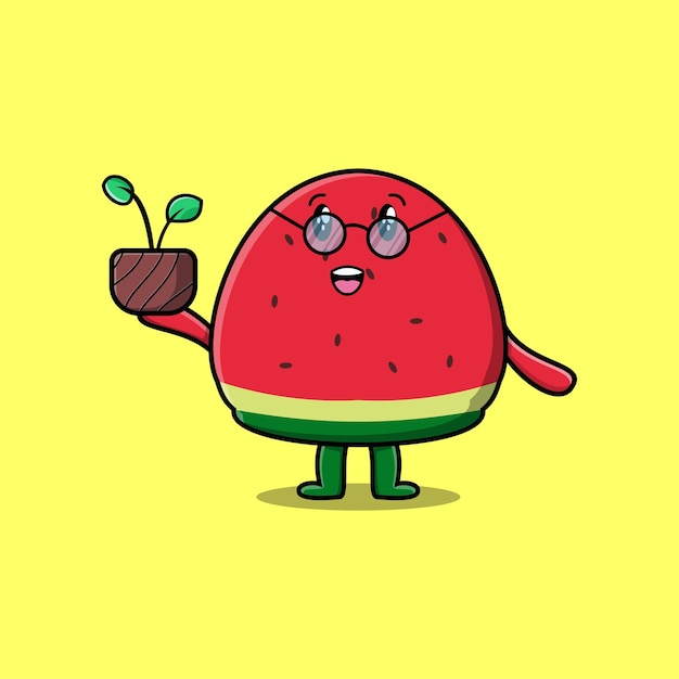 Cute cartoon illustration watermelon holding plant in a pot flat modern style design