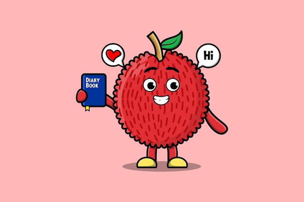 Cute cartoon Lychee character holding diary book illustration with happy expression