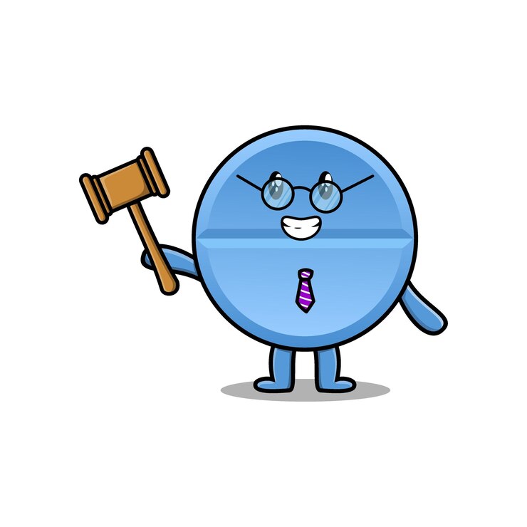 Cute cartoon mascot character wise judge pill medicine wearing glasses and holding a hammer