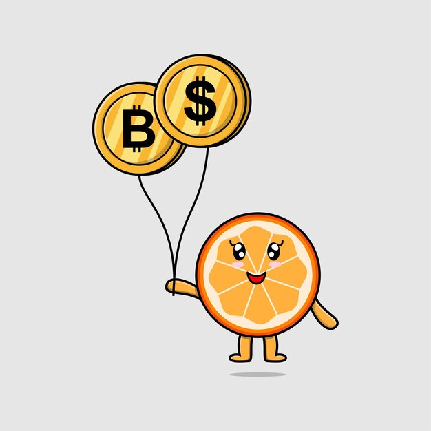 Cute cartoon orange fruit businessman floating with gold coin balloon cartoon vector illustration