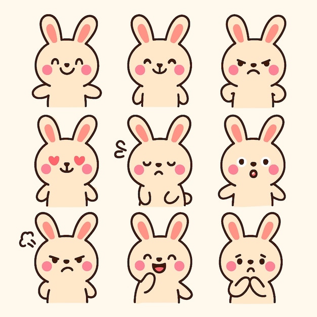 Cute cartoon rabbits display range of emotions including happiness surprise anger and shyness