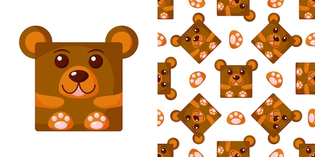 cute cartoon square animal bear face vector zoo sticker isolated on white background