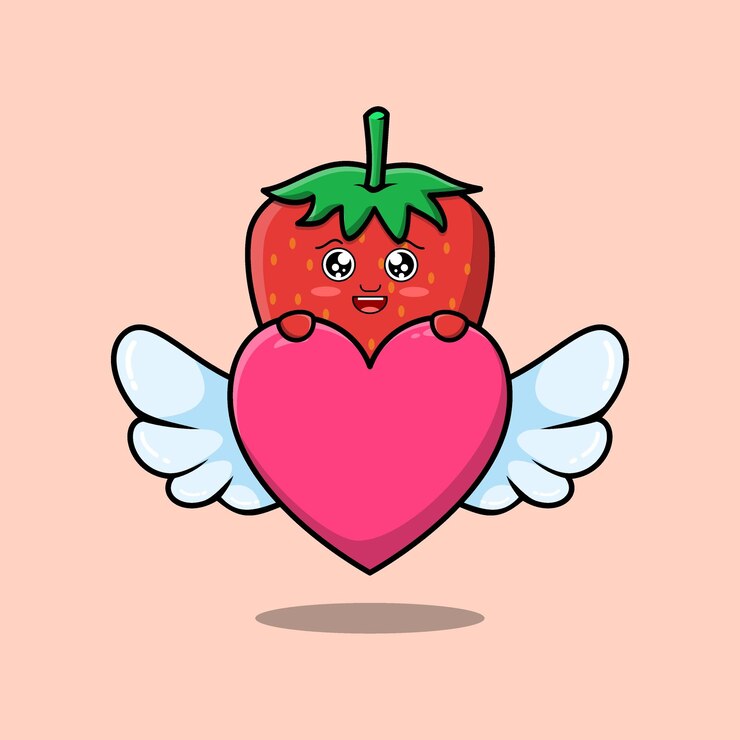 cute cartoon strawberry character hiding heart in flat cartoon style illustration
