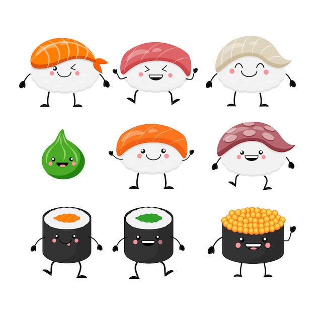 Cute cartoon sushi set characters. Kawaii sushi. illustration isolated on white background.