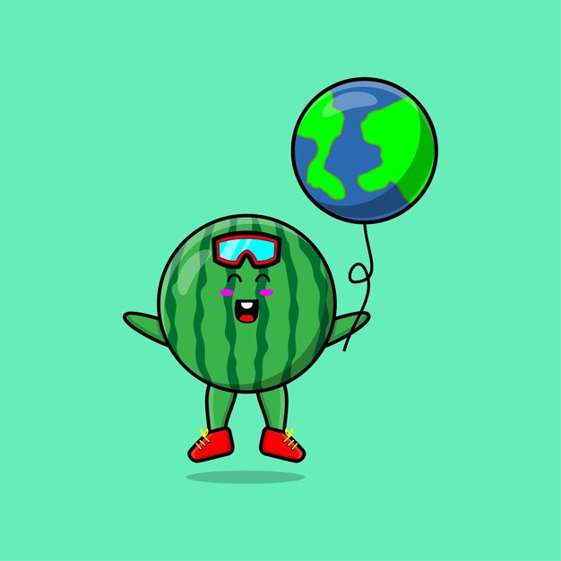 Cute cartoon watermelon floating with earth balloon cartoon vector illustration