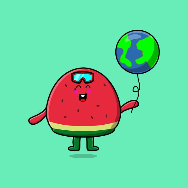 Cute cartoon watermelon floating with world balloon cartoon vector illustration
