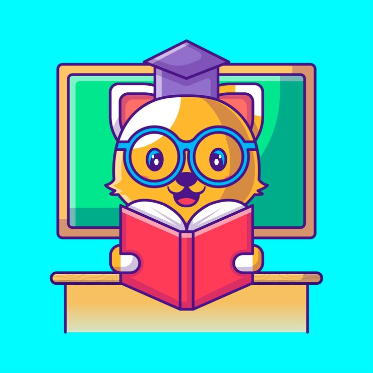 Vector cute cat teacher reading a book cartoon illustration. animal and education flat cartoon style concept