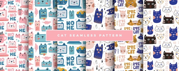 Cute cats seamless pattern set