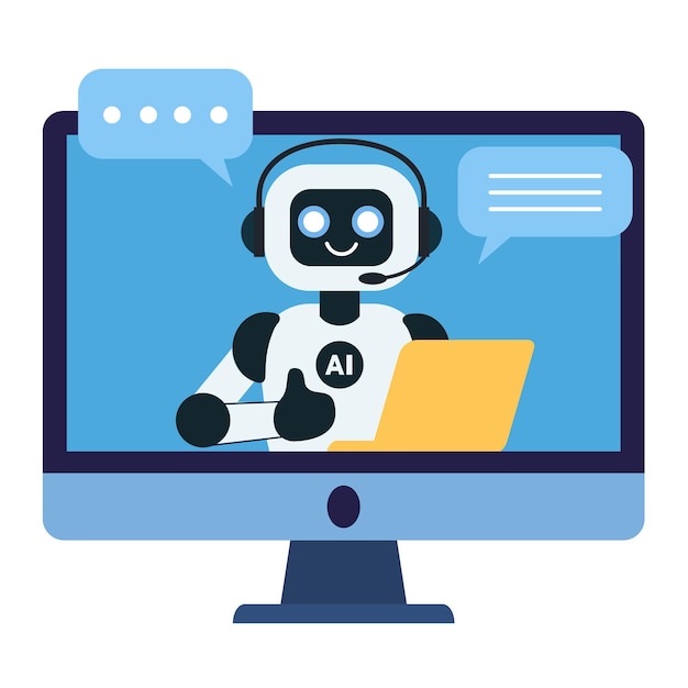 Cute chat bot robot with yellow laptop shows thumbs up on the computer monitor screen
