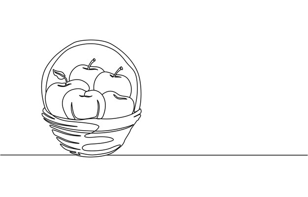 Cute Childrens Farm Coloring Book Page Apple Bushel Continuous one line drawing of fresh fruits