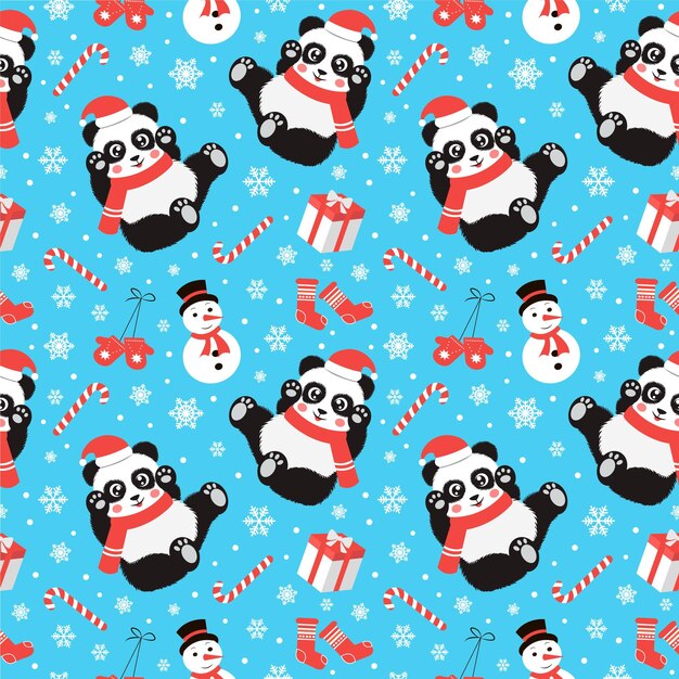 cute christmas seamless pattern with panda candy snowflakes snowman mittens and socks