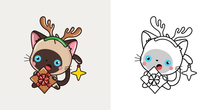 Vector cute christmas siamese cat clipart illustration and black and white funny clip art christmas mammal