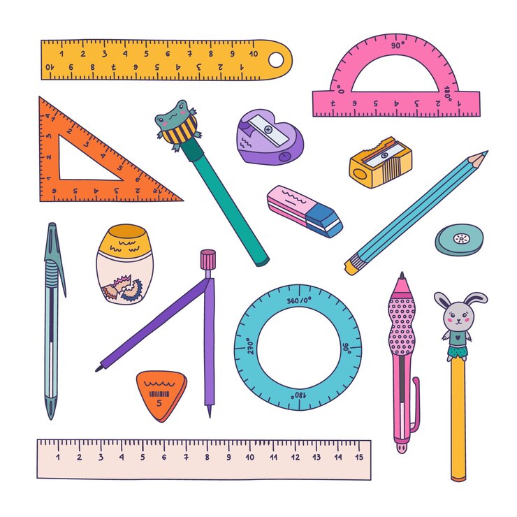 Vector cute colorful doodle set of back to school stationery collection of rulers protractor compass erasers sharpeners pens school supply for studying drawing working with hand drawn outline