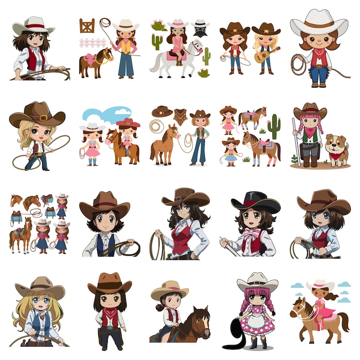 Vector cute cowgirls and horses cartoon set