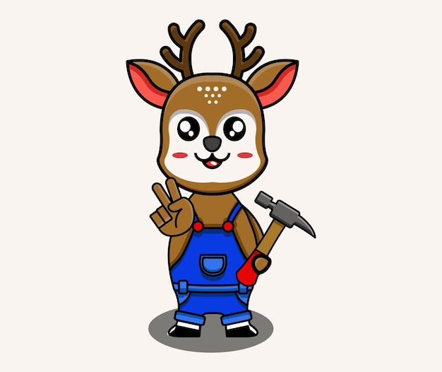 Cute Deer Wearing Overalls Holding Hammer Making Peace Sign Vector Illustration on White Background